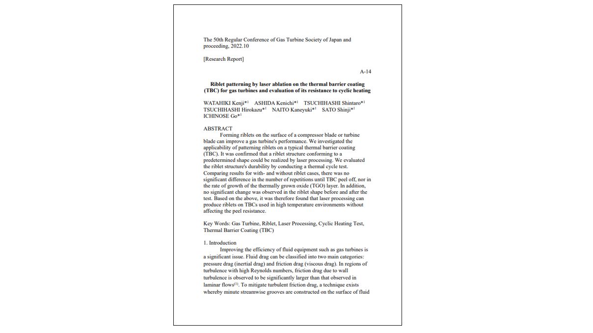 [Research paper]Riblet patterning by laser ablation on the thermal barrier coating (TBC) for gas turbines and evaluation of its resistance to cyclic heating.