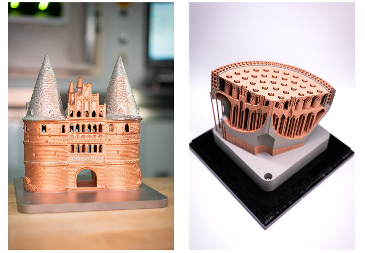 マルチマテリアル3Dプリンティング技術で造形した試作部品（材料：銅合金 CuCr1Zr、マルエージング鋼 M789）